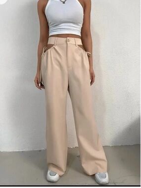 Beige Wide-Leg Cutout Waist Pants